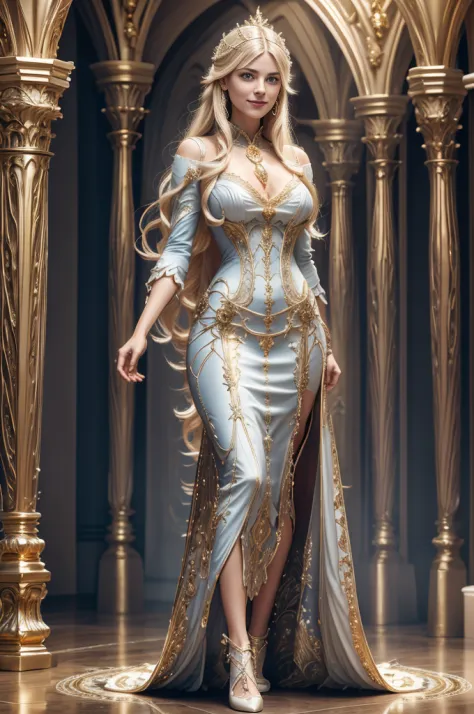 a woman ((18 years old)) with long blond hair, blue eyes, smiling, statuesque and sexy body, ((full body)), , Victorian era styl...