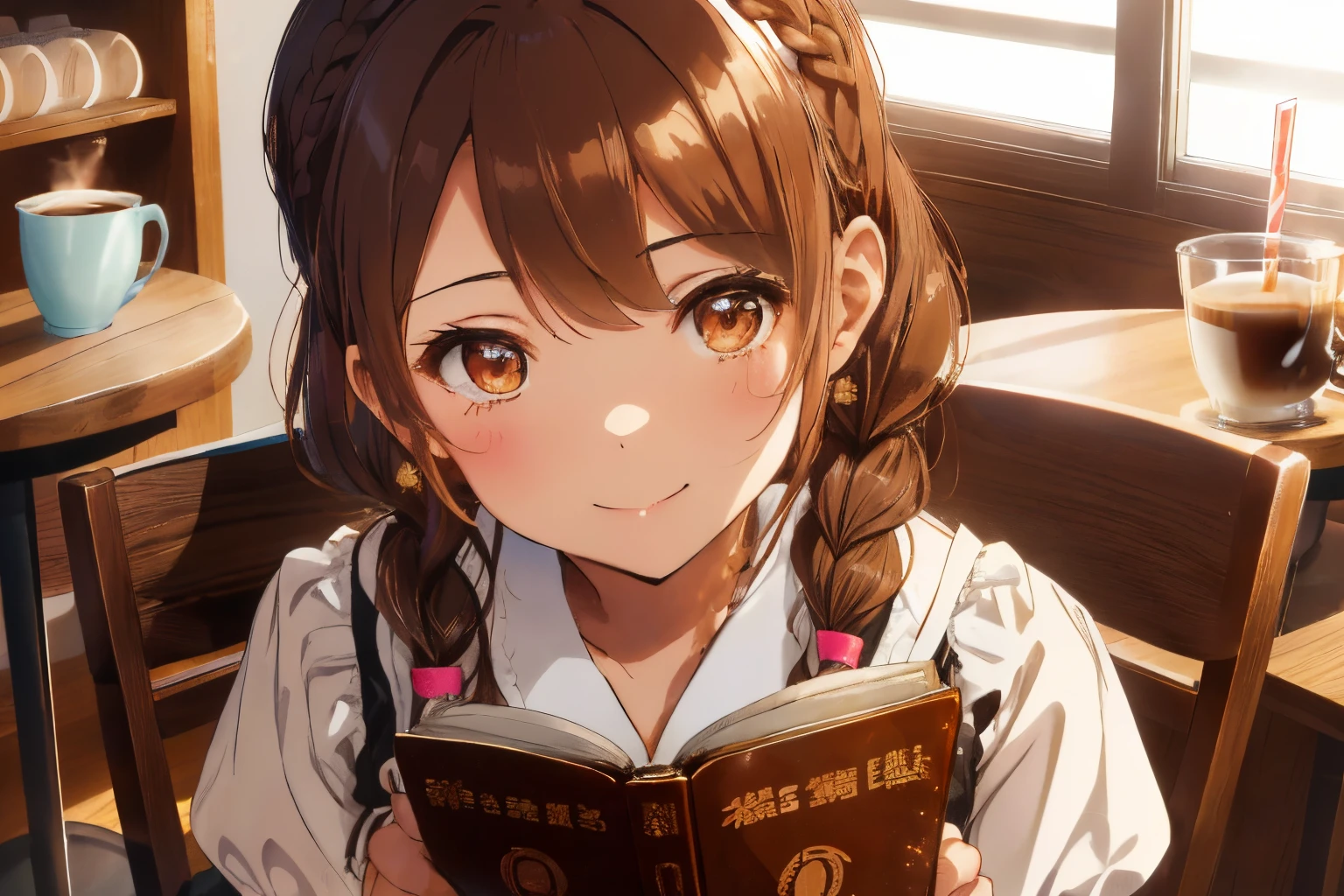 fluffy hair,Brown hair,(downward twintails),((Braided shorthair)),Slightly red tide,((Brown eyes)),(A coffee shop with a Showa retro atmosphere),((siphon or coffee cup)),(A counter with a warm and modern atmosphere),((Meiji period～Showa era waitress)),(maid clothes),(White headdress),((Sit in a chair and read a book)),Staring at me,(Pin Heel Shoes),Smile with a kind face,((close up)),(((close up of face))),