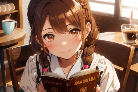 fluffy hair,Brown hair,(downward twintails),((Braided shorthair)),Slightly red tide,((Brown eyes)),(A coffee shop with a Showa r...
