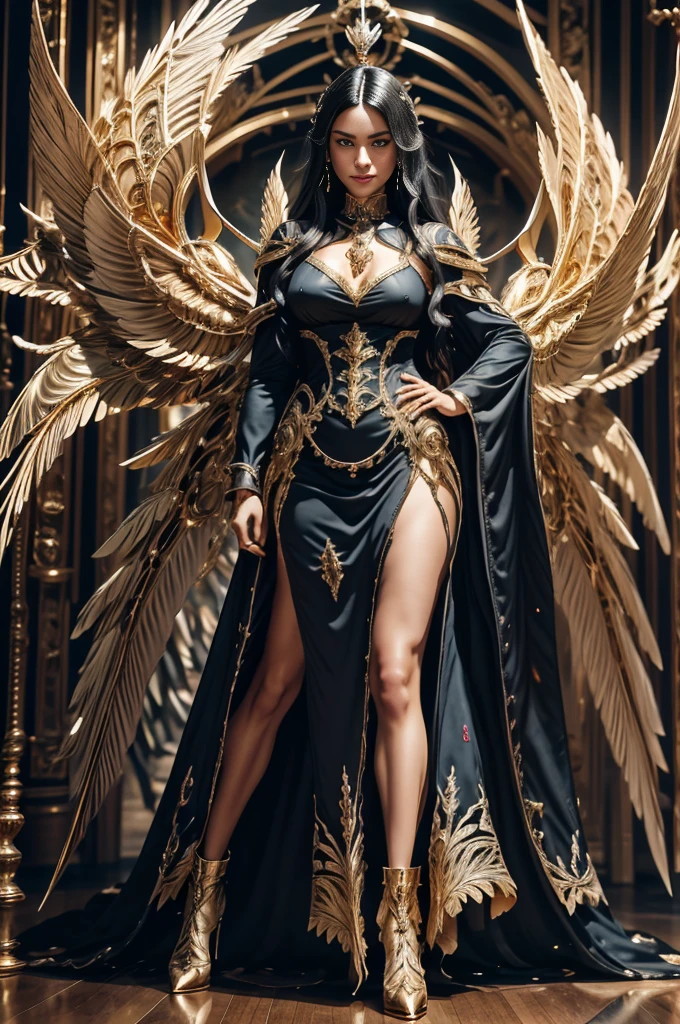 a woman ((18 years old)) with long black hair, blue eyes, smiling, statuesque and sexy body, ((full body)), , Victorian era style, wearing a light flowing dress, in the background crystal and gold castle with(( giant colorful birds)), Daeni Pin Style, [Daniel F. Gerhartz Style::0.5], UHD image, Rent, 8k, photo-realistic, Epic lighting, Sharp, Realistic, Romantic, focus