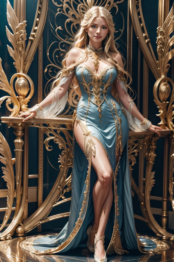 a woman ((18 years old)) with long blond hair, blue eyes, smiling, statuesque and sexy body, ((full body)), , Victorian era style, wearing a light flowing dress, in the background crystal and gold castle with ((giant colorful birds)), Daeni Pin Style, [Daniel F. Gerhartz Style::0.5], UHD image, Rent, 8k, photo-realistic, Epic lighting, Sharp, Realistic, Romantic, focus