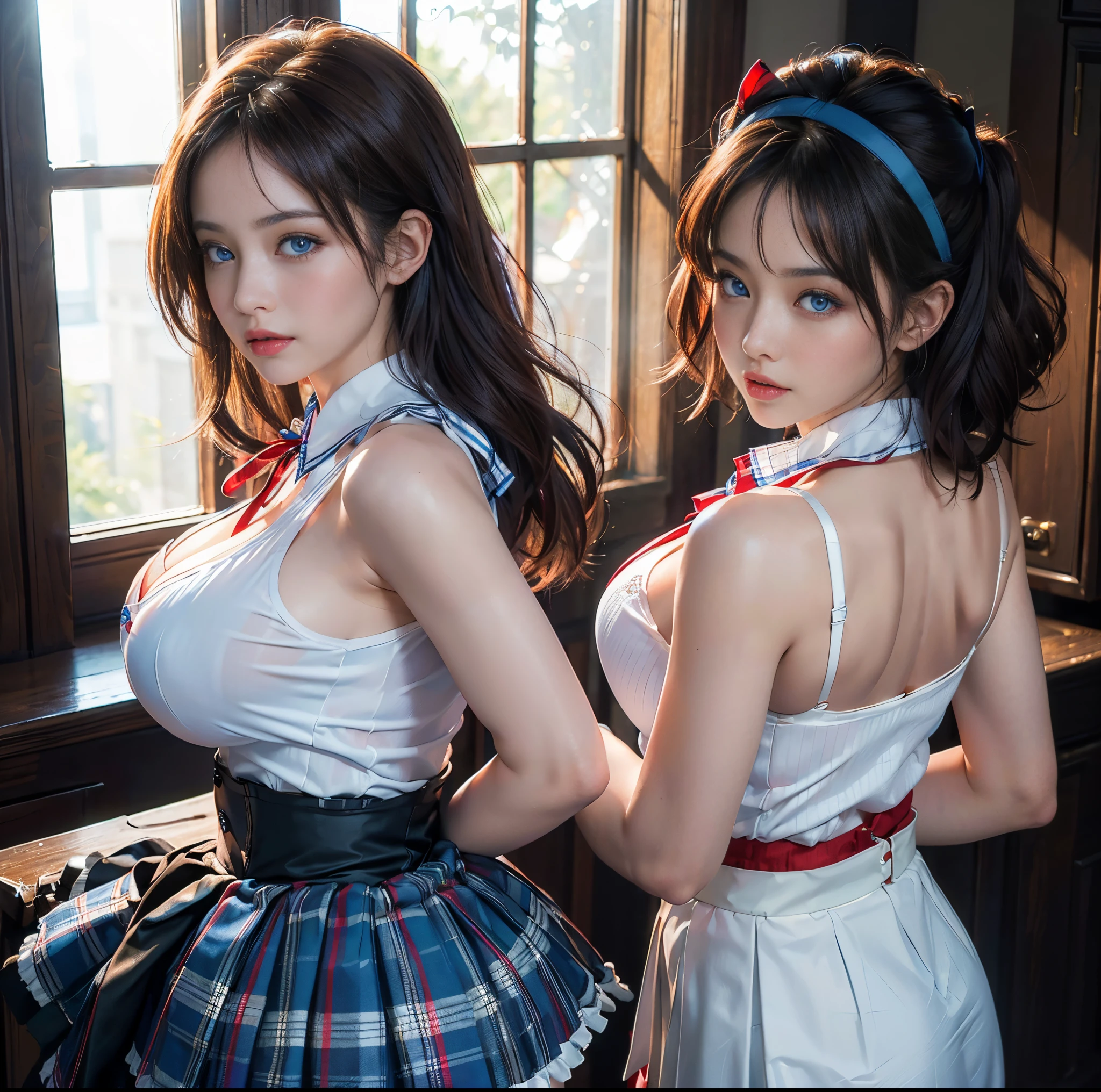 top-quality, 8K picture quality, ​masterpiece, Professional lighting without shadows, Two Women, (with perfect body、Colossal breasts with tension:1.2), Bright whitening skin, (Bright and beautiful blue eyes with plump red tear bags reflect a lot of light.:1.2)、 (They wear tight white blouses with crimson ribbon ties tied around the collars.), (No skin is exposed on the upper body:1.2), Micro mini pleated tartan check skirt, (their skirts are incredibly short:1.3), (Show off your big breasts from the front:1.3), (Another girl on the other side is exposing her big butt from behind:1.2),