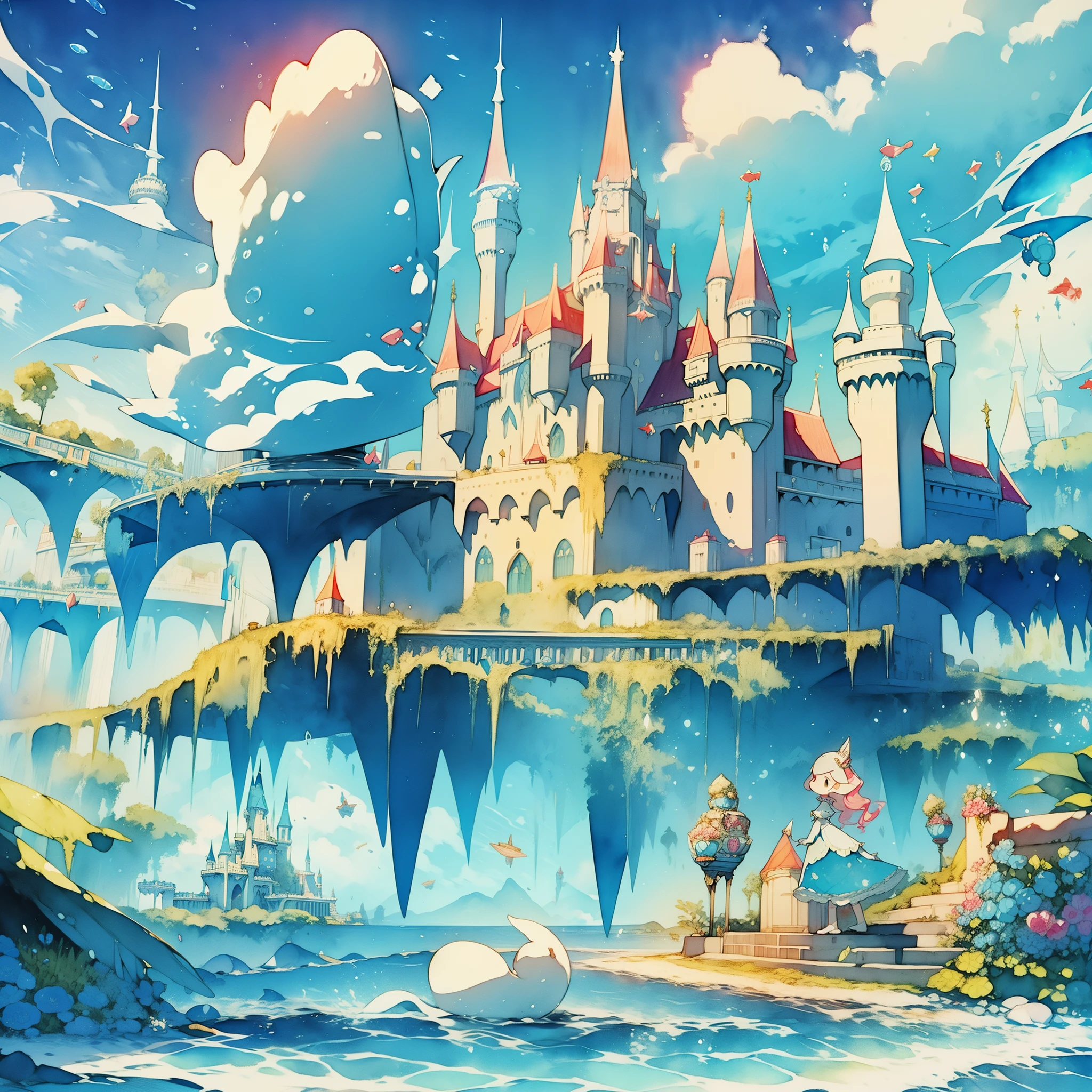 picture book illustration, watercolor storybook illustration, ((princess castle)), ((fairytale castle)), fairytale towers, clouds, vibrant pastel colors, dream, colorful, whimsical, magical, masterpiece, best quality, sharp focus, intricately detailed environment, fine detail, 8k resolution, (colorful), cute