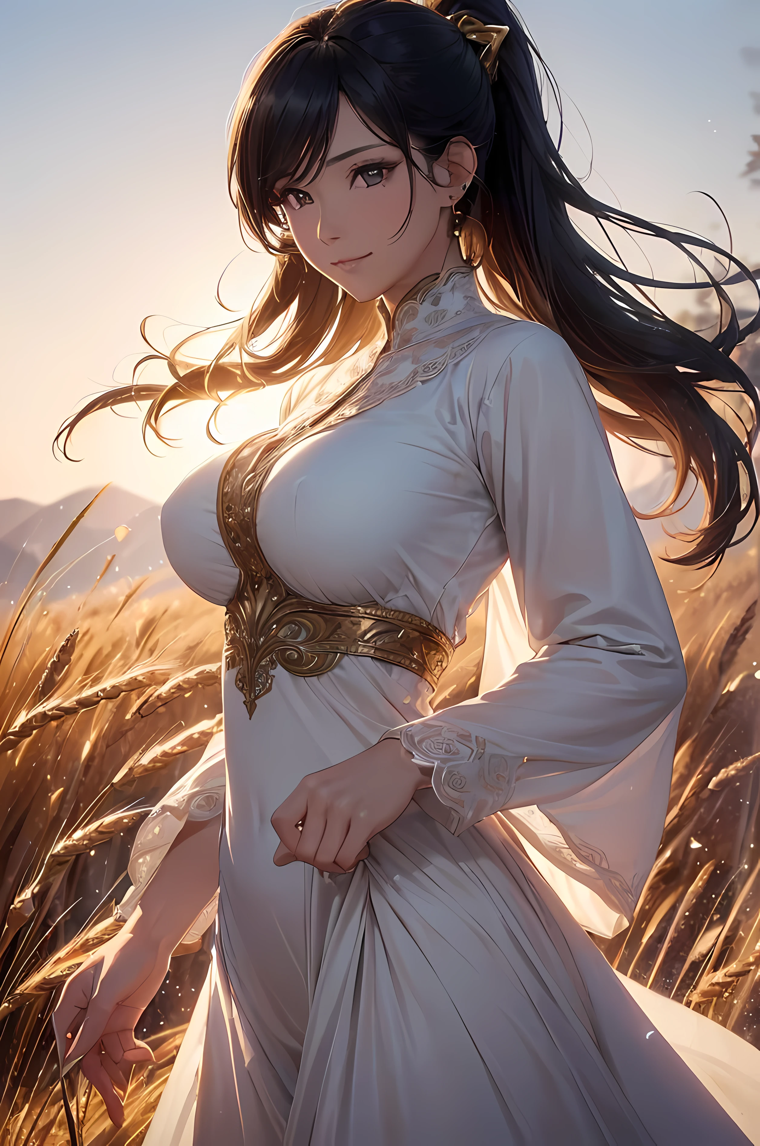 A beautiful woman, (((1 girl, solo, running, (wheat field), turning around, golden eyes, long pure white dress, middle ages, medieval outfit, long sleeves sunset, light from behind, shadow on the figure, smile, laughter, (blue sky), against the background of wheat, standing in the distance, looking at the viewer, full-length
, elegance under the sun, hair ornament, movement motion, image look alive))), ((perfect body figure, very big breast, very big ass, beautiful face, beautiful face, milf, age 46, royal, blazing black color hair, ponytail hair style, beautiful skin, Extremely details hair, fine details)), (((cinematic lighting, beautiful lighting effect, creative design, full body frame, divine aura, hard harmony , shining light, perfect color transition, perfect balance of contrast, perfect color layer, perfectly smooth color blur, soft rendering, smooth color stroke, moon glare, optic lens, moonlight ray, soft colors, smooth colors blend, perfect color rendering, harmony, perfect color harmony, beautiful color, soft harmony, light particles, perfect details, intricate details, color prism, fine details, refine details, intricate clothes details, fine clothes, smooth fabric clothes texture, different angle))), Tachibana Omina art style, affectionate eyes, half a smile, slightly open mouth, a gentle expression on his face, serene scenery of grassland under the sun, grass floating around, calm, breeze and sunlight in the background, butterflies in the sky, realism, ((Best quality))),8k,((Masterpiece)),(Extremely refined and beautiful)