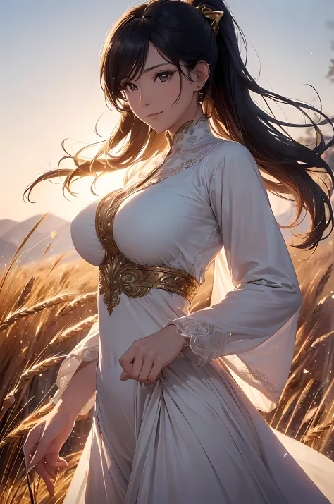 A beautiful woman, (((1 girl, solo, running, (wheat field), turning around, golden eyes, long pure white dress, middle ages, medieval outfit, long sleeves sunset, light from behind, shadow on the figure, smile, laughter, (blue sky), against the background ...