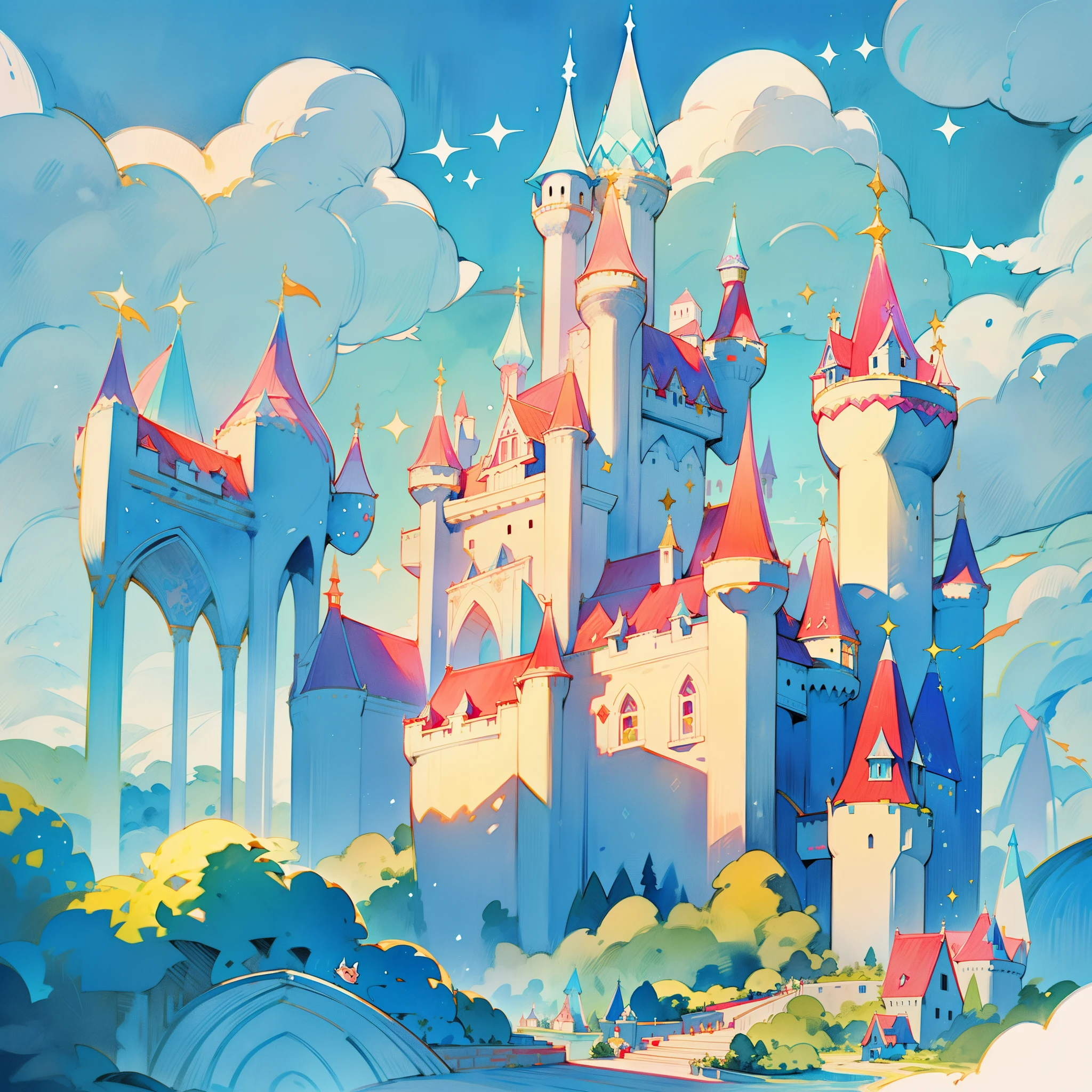 picture book illustration, watercolor storybook illustration, ((princess castle)), ((fairytale castle)), fairytale towers, clouds, vibrant pastel colors, dream, colorful, whimsical, magical, masterpiece, best quality, sharp focus, intricately detailed environment, fine detail, 8k resolution, (colorful), cute