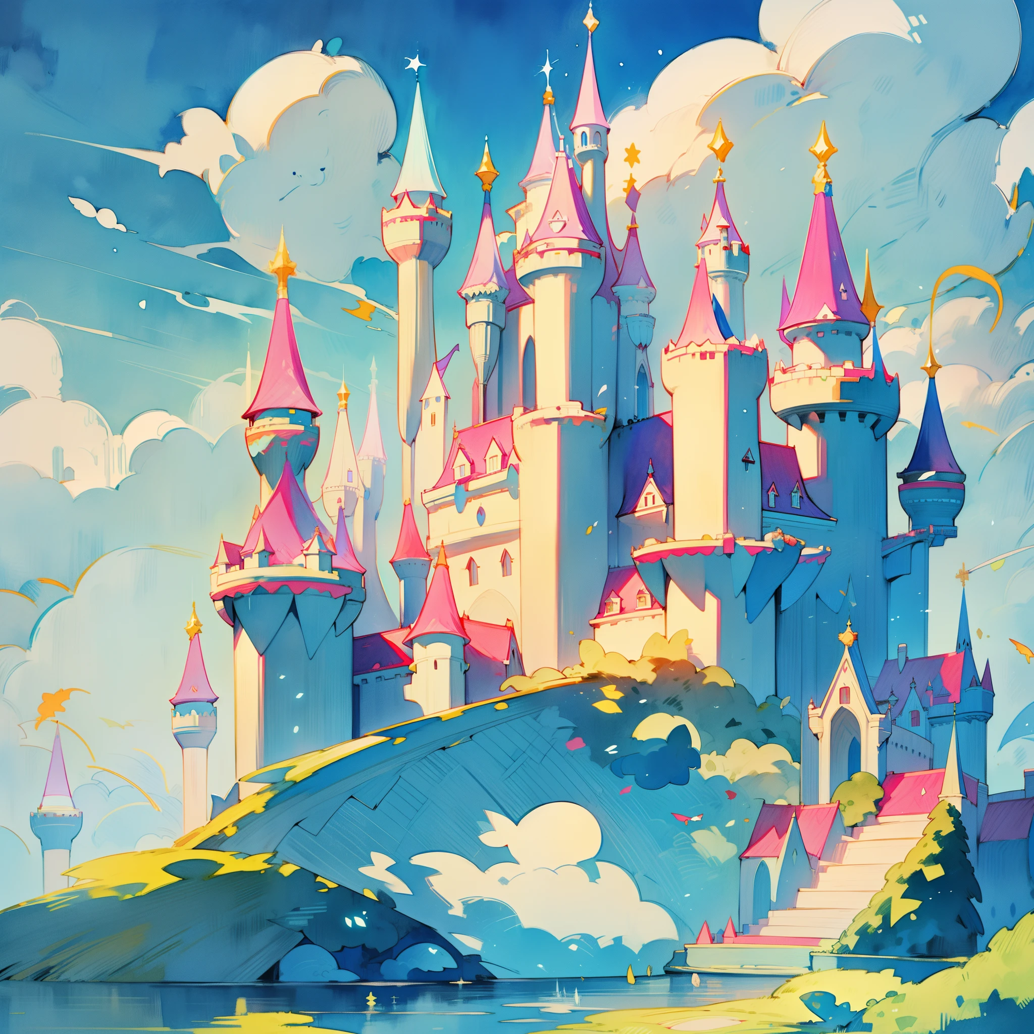 picture book illustration, watercolor storybook illustration, ((princess castle)), ((fairytale castle)), fairytale towers, clouds, vibrant pastel colors, dream, colorful, whimsical, magical, masterpiece, best quality, sharp focus, intricately detailed environment, fine detail, 8k resolution, (colorful), cute