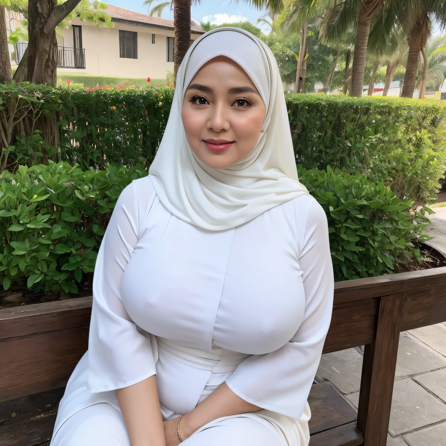 A close up of a woman sitting on a bench wearing a white hijab - SeaArt AI