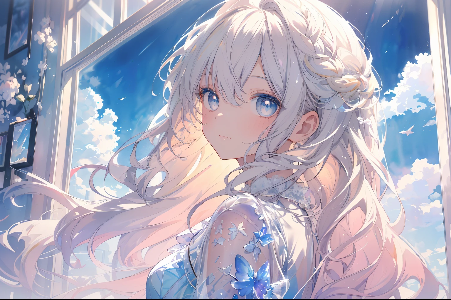 ((ultra - detailed),Heavenly sky background,Beautiful clouds,The light from the back window is backlighted,factor,Watercolor pattern in calm colors),(Watercolor texture), ((1girll),Long grey hair,blonde  hair,e Blue Eyes,adolable,angelicales),lightsmile,Lolita prostitute,The highest image quality