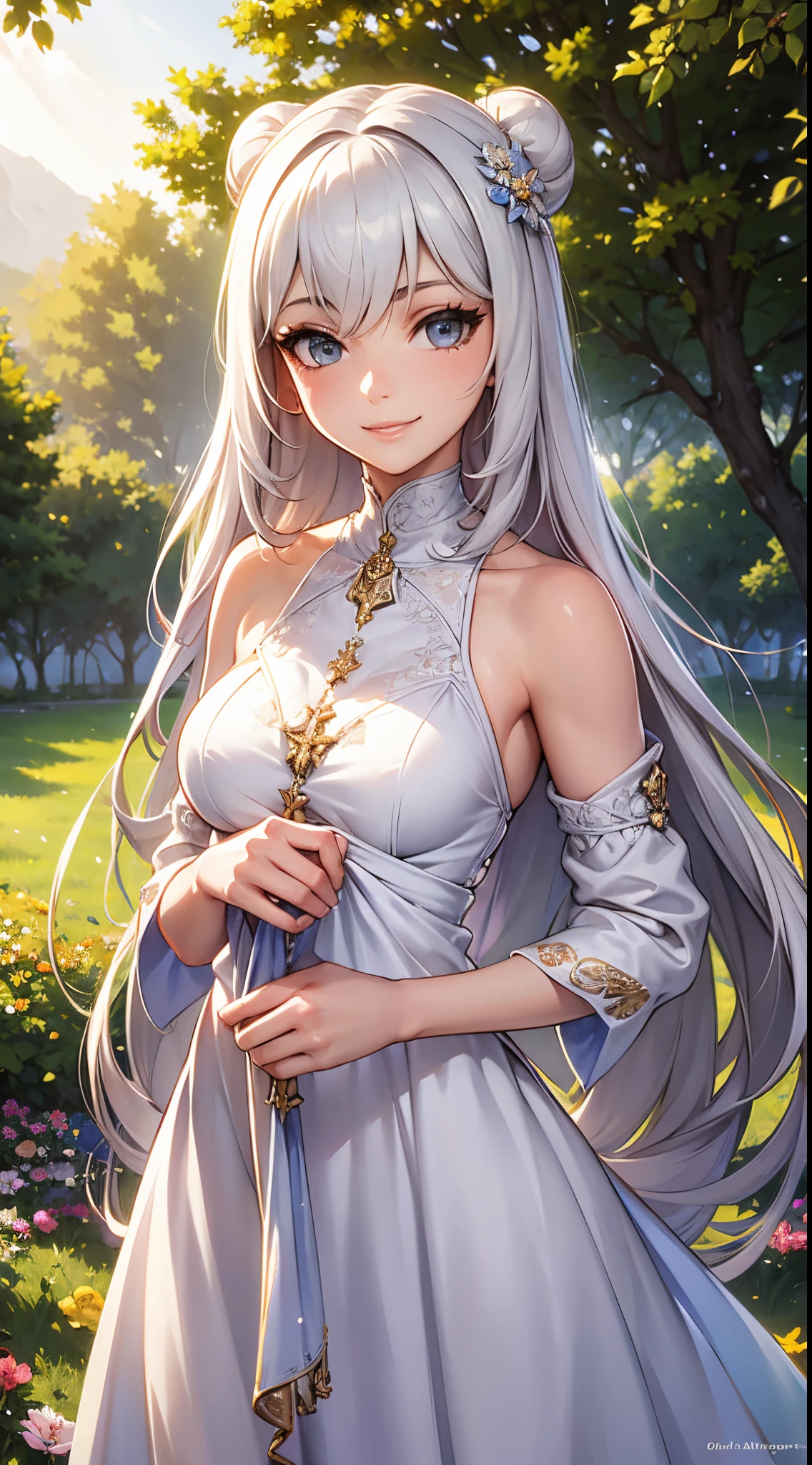 best quality,highres,ultra-detailed,realistic,photorealistic:1.37,portrait, intricate white long dress, ((modest dress)), standing,flowers field,silver long hair,bun hair,smiling woman,close up to abs, ((small breast)), beautiful detailed eyes,beautiful detailed lips,flower petals on air,bare shoulders,vivid colors,studio lighting,soft sunlight, happy face, ((cleavages:0.3))