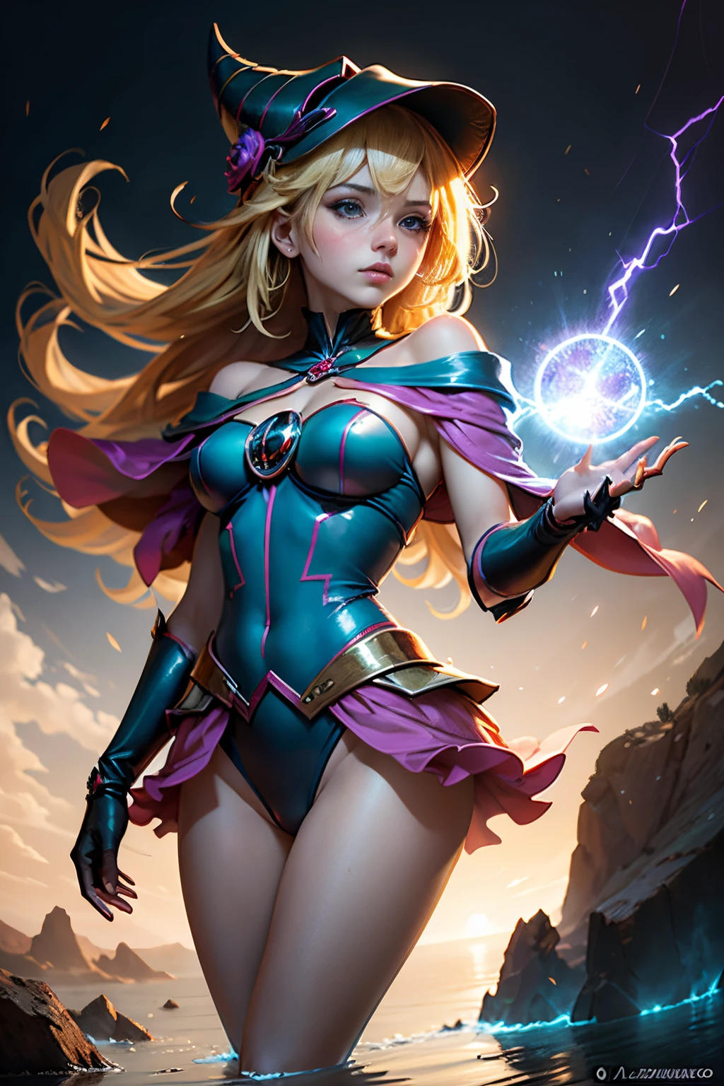 (Masterpiece:1.2), (Best Quality:1.2), Perfect lighting, The dark magician girl (Casting Spells: 1.3), in her 20s, (floating in the air: 1.3), Visible medium breasts, transparent neckline,  From above, sparkles, (Hands with magical effects: 1.4 )Magic in your hands, Background to the apocalypse、a blonde、Magic at your fingertips