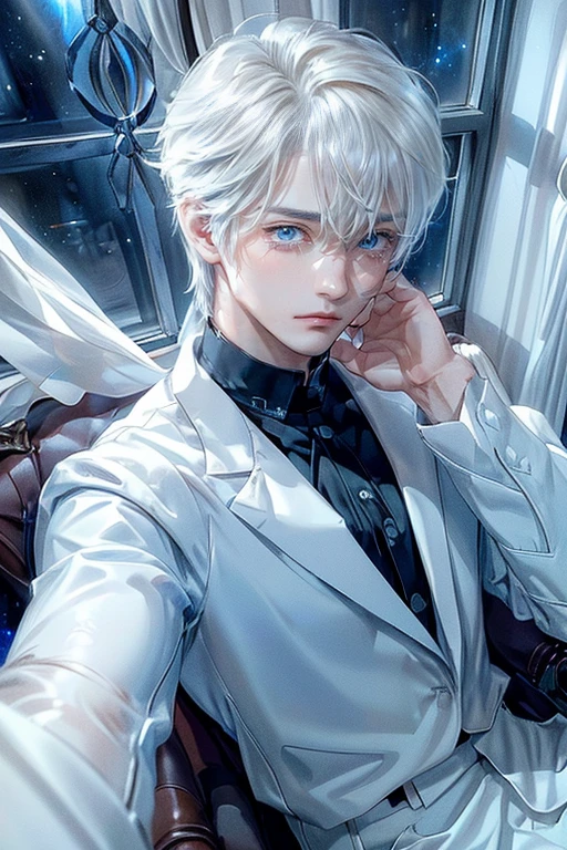 ((4K works))、​masterpiece、(top-quality)、One beautiful boy、Slim body、tall、((Black Y-shirt and white pants、Charming English knight style))、Please wear one jacket、(Detailed beautiful eyes)、Fantastic night、((You can see the starry sky from the window))、Fantastic room at midnight、((Face similar to Carly Rae Jepsen))、((Short-haired white hair))、((Smaller face))、((Neutral face))、((Bright blue eyes))、((American adult male))、((Adult male 26 years old))、((Cool Men))、((Like a celebrity))、((Crying expression))、((Sad look))、((Korean Makeup))、((elongated and sharp eyes))、((Happy dating))、((boyish))、((Upper body photography))、Professional Photos、((Shot alone))、((Shot from his front))、((Gentle expression))、((He is in front of the viewer))、((he comforts me))、((He's in the corner of the room))、((he reaches out here))、((he wipes my tears))、solitude、suffocating