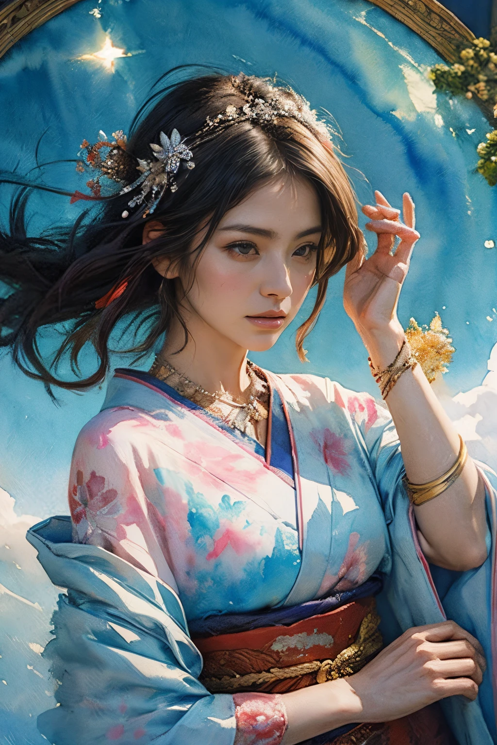 (masutepiece, of the highest quality, Best Quality, Official art, (Beautiful and aesthetic:1.4), (watercolor paiting:1.4) ),  (izanami1.5), Goddess of Japan mythology, Dignified beauty, a goddess of creation、Goddess of Life、Komono、((((Komono))))、Support for samsara, God's Grace, Gentle and meditative expression, Flowing Celestial Garments, brilliance、created all the landscapes and worlds on earth, dazzling star dance, Whispers of ancient lore