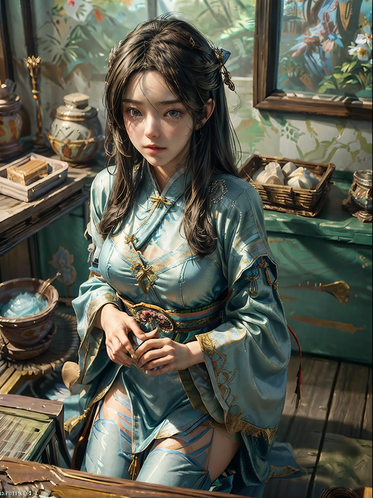 ((Best Quality)), ((Masterpiece)), (Detail: 1.4), 3D, A Beautiful japanese Female Figure, 16 years old, HDR (High Dynamic Range), Ancient Chinese Costumes, Satin, Ray Tracing, NVIDIA RTX, Super-Resolution, Unreal 5, Subsurface Scattering, PBR Textures, Post-processing, Anisotropic Filtering, Depth of Field, Maximum Sharpness and Clarity, Multi-layer Textures, Albedo and Highlight Maps, Surface Shading, Precise simulation of light-material interactions, perfect proportions, Octane Render, bi-color light, large aperture, low ISO, white balance, rule of thirds, 8K RAW, finger detailing, refined facial features, focus on the face