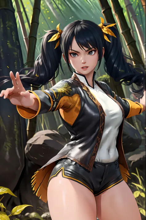 masterpiece, best quality, twintails, fighting stance, bamboo forest, shorts,