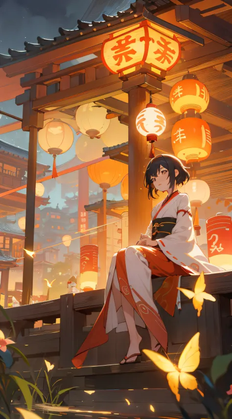 sitting on a bench，anime girl with lantern on background, palace ， a girl in hanfu, guviz-style artwork, girl under lantern, art...