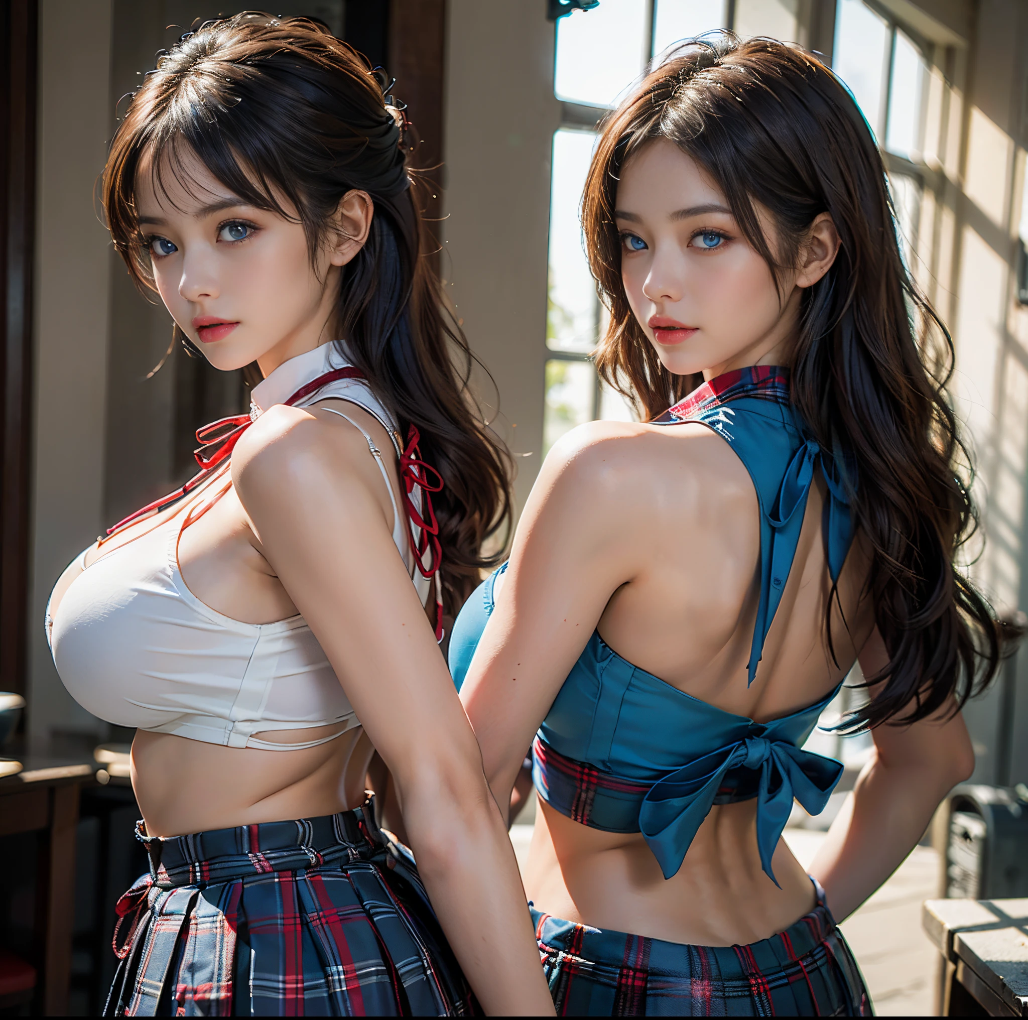 top-quality, 8K picture quality, ​masterpiece, Professional lighting without shadows, Two Women, (with perfect body、Colossal breasts with tension:1.2), Bright whitening skin, (Bright and beautiful blue eyes with plump red tear bags reflect a lot of light.:1.2)、 (They wear tight white blouses with crimson ribbon ties tied around the collars.), (No skin is exposed on the upper body:1.2), Micro mini pleated tartan check skirt, (their skirts are incredibly short:1.3), (Show off your big breasts from the front:1.3), (Another girl on the other side is exposing her big butt from behind:1.2),