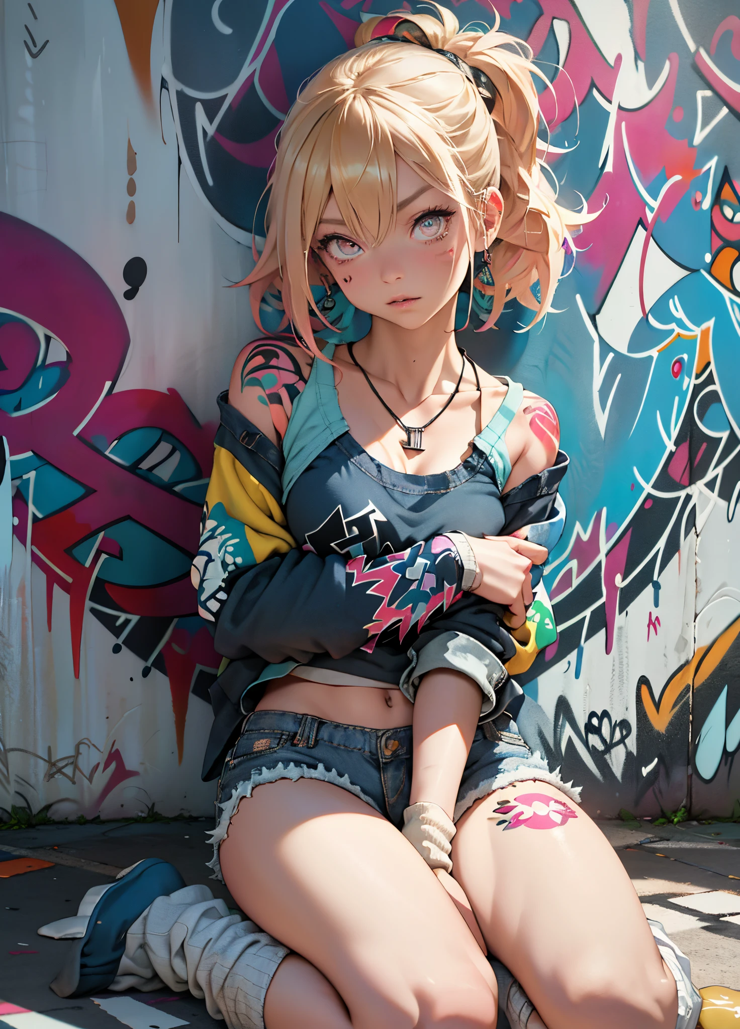 masutepiece, Best Quality, Realistic, One Woman、a blond、Solo, croptop , Denim shorts,Loose Socks、boots、 Necklace, (Graffiti:1.5), Paint splashes, behind arms, against a wall, gaze at the audience, Armbands, Thigh straps, paint on body, Head tilt, boredom, multicolored hair, aqua eyes,