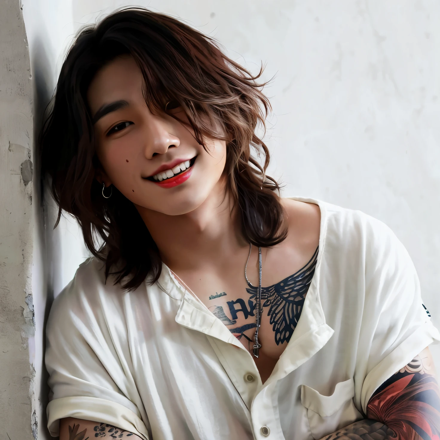 Arafed asian man with tattoos leaning against a wall - SeaArt AI