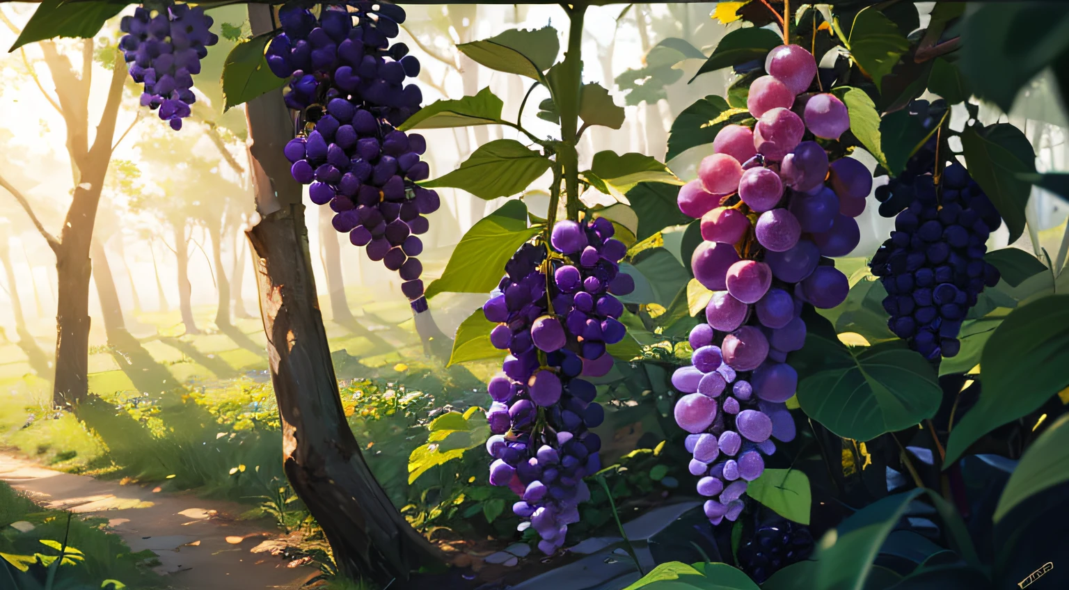 葡萄藤, 紫葡萄, 葡萄樹, 森林, 美麗的樹林, 陽光, 電影燈光, 景深, 超高畫質, 傑作, 高品質, 高細節, 最好的品質