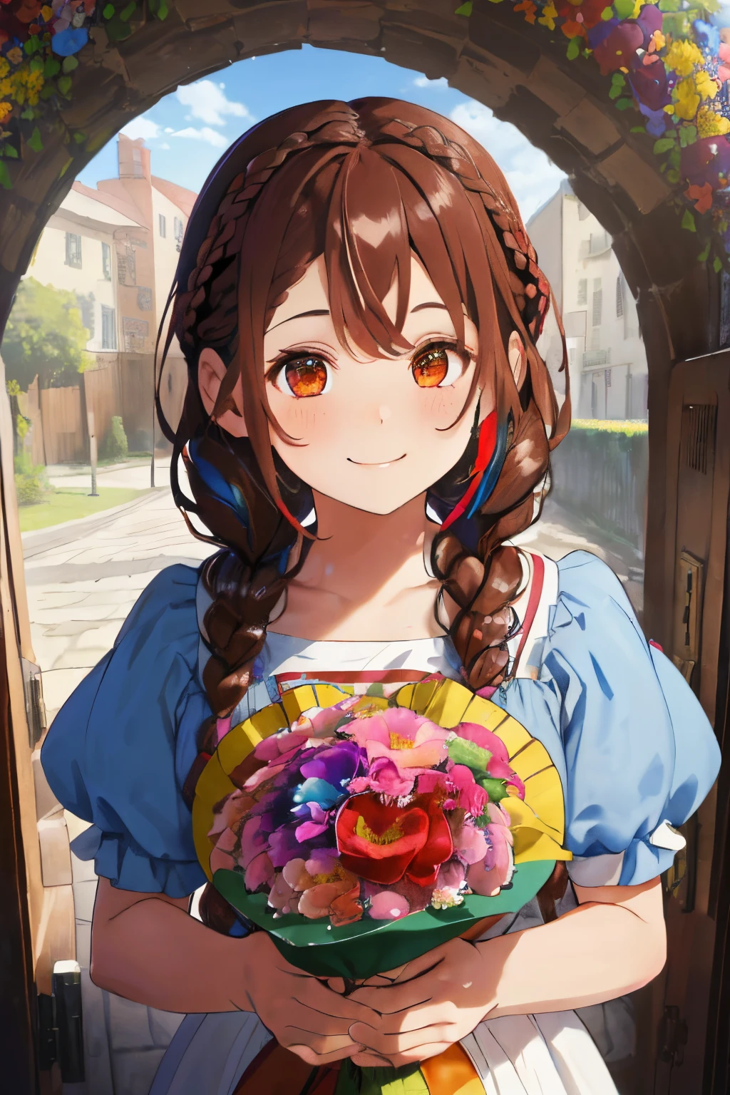 fluffy hair,dark brown hair,((Braided shorthair)),Slightly red tide,((Brown eyes)),((extra large colorful bouquet)),(Arched gate decorated with colorful flowers),A building shaped like a birdcage,((Overflowing smiles)),((close up of face))