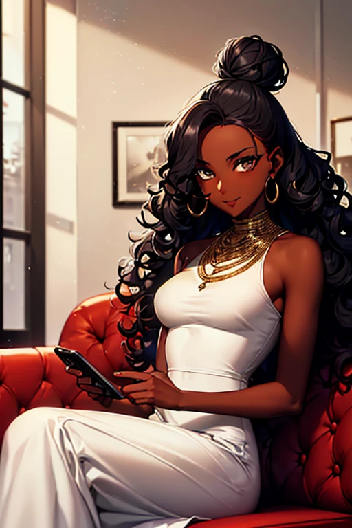 black woman, ((dark skin)), ((sitting on a dark red sofa)), dark brown eyes, ((black curly hair)), hair with a big bun, ((curly hair with a bun)), ((hair for back)), ((cell phone and cd)), ((long white dress)), ((looking at her phone)), smiling, great quality, masterpiece, beautiful hands, medium breasts, gold hoop earrings