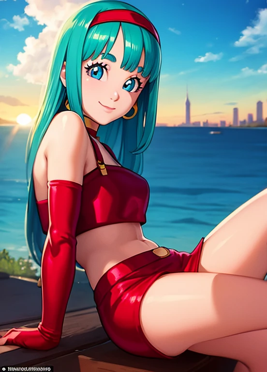 masterpiece, best quality, highest quality, photorealistic, perfect anatomy, perfect face, perfect eyes, aqua hair, brabulladbgt, red hairband, red gloves, red crop top, blue eyes, skirt, hoop earrings, choker, solo, 1 girl, city, outdoors, sexy pose, smile, sunset