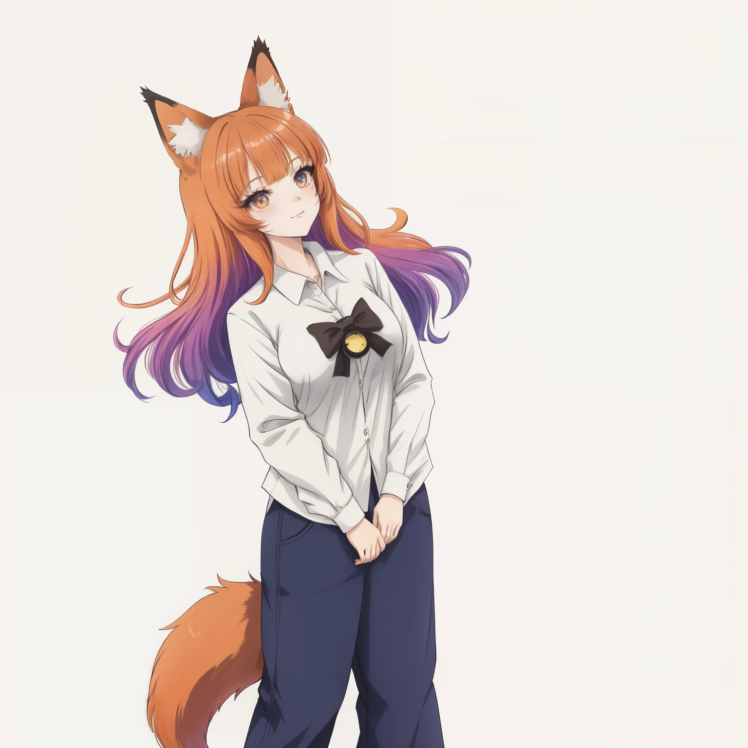 Anime girl with long hair and a white shirt and blue pants - SeaArt AI