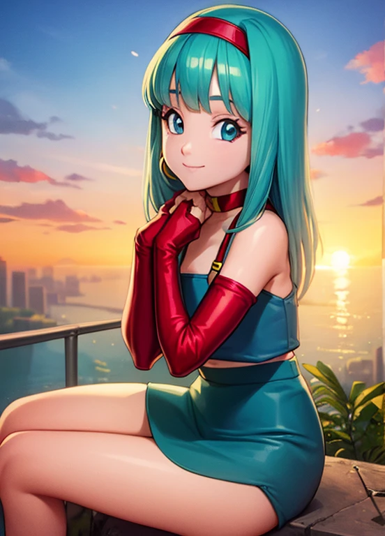 masterpiece, best quality, highest quality, photorealistic, perfect anatomy, perfect face, perfect eyes, aqua hair, brabulladbgt, red hairband, red gloves, red crop top, blue eyes, skirt, hoop earrings, choker, solo, 1 girl, city, outdoors, sexy pose, smile, sunset, sitting down.