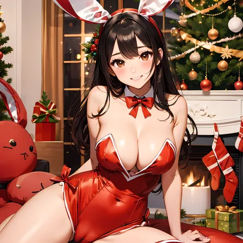 Masterpiece, top quality, 16K UHD,
sitting,
Warm Christmas decorated room, 2girls, multiplegirls, solo, cute, warm smiling, blushing, embarrassed, openlegs, cameltoe,  (red bunny girl costume:1.4),
