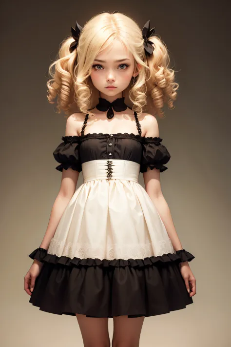 Nothing, Highest Quality,Petite girl, blonde, curly hair, evil girl, dress