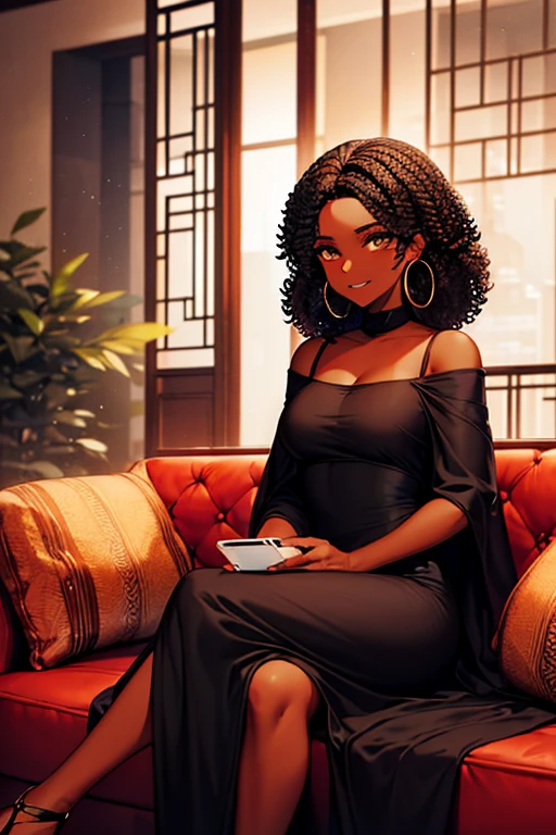 black woman, ((dark skin)), ((sitting on a dark red sofa)), dark brown eyes, ((black curly hair)), ((hair for back)), ((cell phone)), ((long white dress)), ((oriental white dress)), smiling, great quality, masterpiece, beautiful hands, medium breasts, gold hoop earrings