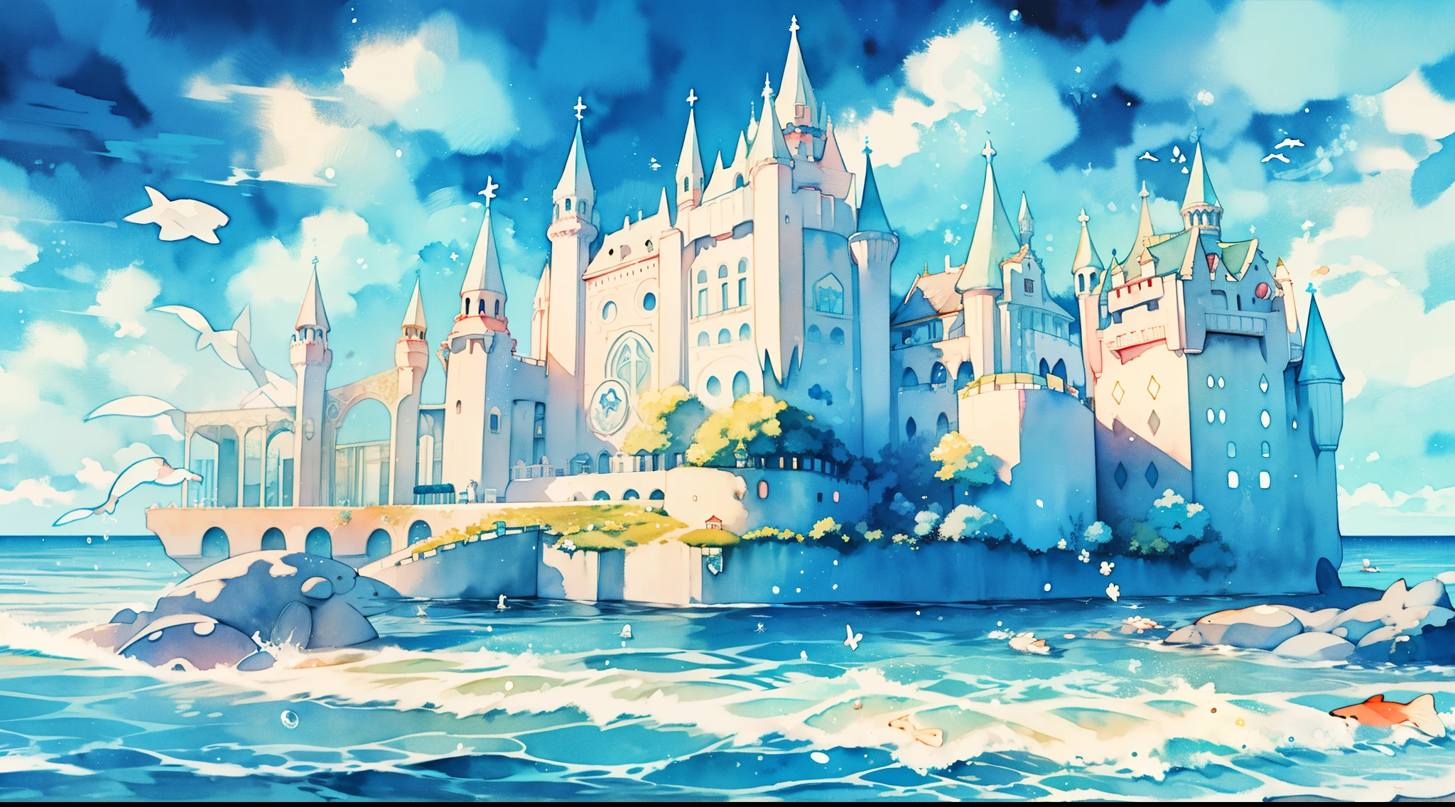 picture book illustration, watercolor storybook illustration, ((seaside castle)), (ocean beach), ((fantasy castle)), fairytale towers, clouds, vibrant pastel colors, dream, colorful, whimsical, magical, masterpiece, best quality, sharp focus, intricately detailed environment, fine detail, 8k resolution, (colorful), cute