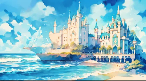 picture book illustration, watercolor storybook illustration, ((seaside castle)), (ocean beach), ((fantasy castle)), fairytale t...