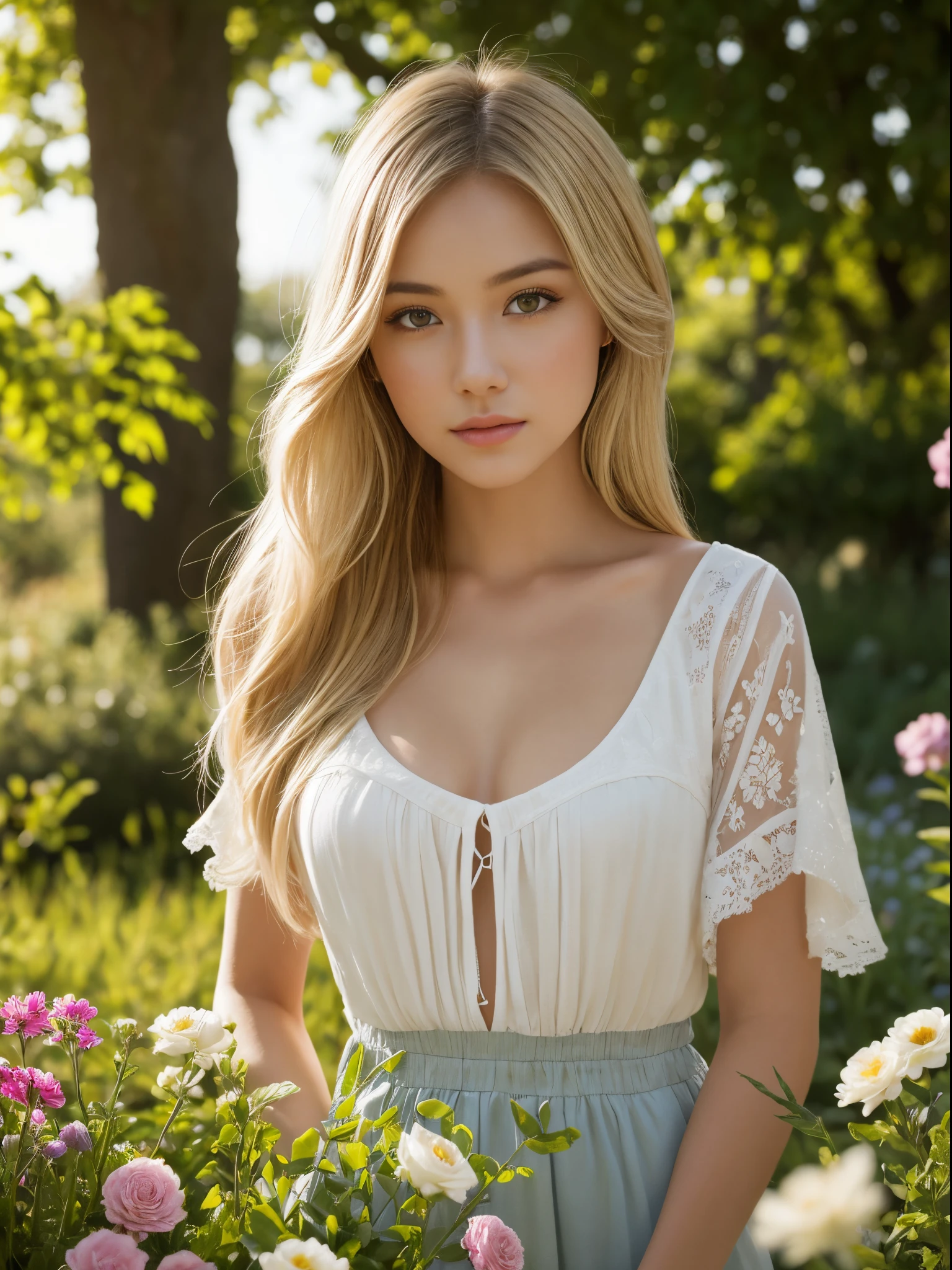 A girl with bright blonde hair and sun-kissed skin stands in a vibrant garden. Her eyes are beautifully detailed, with long eyelashes that enhance her already stunning appearance. She has perfectly shaped lips that catch the light, adding to her overall allure. The girl exudes a sense of grace and confidence as she explores the garden, her movements fluid and elegant.

The artwork is created using a mix of traditional oil painting and modern 3D rendering techniques, resulting in a unique and visually captivating piece. With a focus on realism and photorealistic details, the image showcases the artist's mastery of their craft. The use of HDR and ultra-fine painting techniques adds depth and richness to the artwork, making it a true masterpiece.

The scene is bathed in soft, warm lighting, creating an inviting and tranquil atmosphere. The vibrant colors of the flowers in the garden pop against the girl's pale skin and blonde hair, adding visual interest and contrast. The overall color palette of the artwork is warm and inviting, with a hint of dreamy pastel tones.

The garden itself is lush and abundant, filled with a variety of blooming flowers and verdant foliage. The intricate details of each flower petal and leaf are carefully rendered, adding to the overall realism of the scene. The girl is surrounded by the beauty of nature, her presence adding a touch of magic and enchantment to the garden.

In terms of art style, the artwork leans towards a portrait genre, showcasing the beauty and elegance of the girl in the garden. The focus is on capturing her natural radiance and expressing her inner strength and confidence. The style blends elements of realism and concept artists' techniques, resulting in a visually stimulating and emotionally evocative image.

Overall, this artwork embodies the concept of "Lys Ribeiro，Skin burns，light borwn hair" (Blonde girl with sun-kissed skin and light blonde hair) and captures the essence of beauty, nature, and artistry in a harmonious composition. The high quality and attention to detail make it a truly breathtaking piece of art.