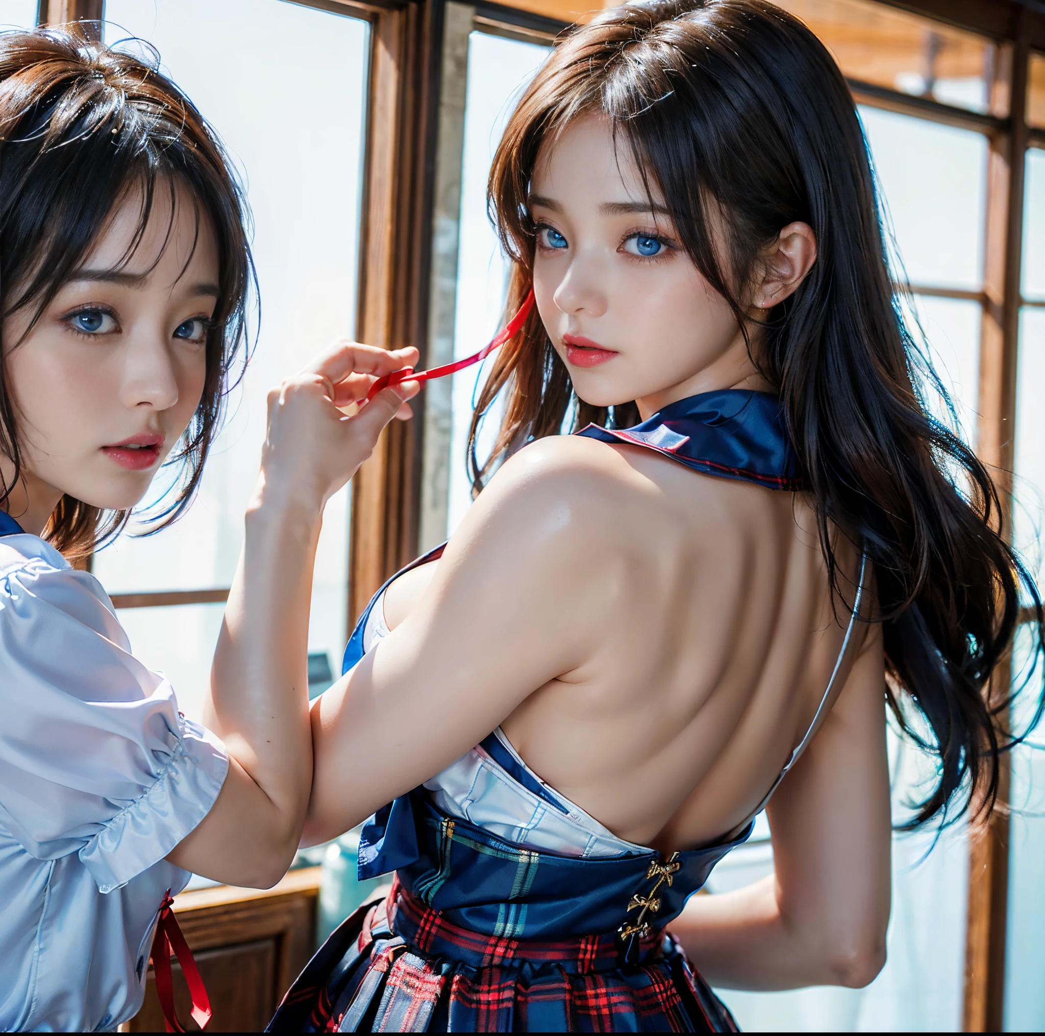 top-quality, 8K picture quality, ​masterpiece, Professional lighting without shadows, Two Women, (with perfect body、Colossal breasts with tension:1.2), Bright whitening skin, (Bright and beautiful blue eyes with plump red tear bags reflect a lot of light.:1.2)、 (They wear tight white blouses with crimson ribbon ties tied around the collars.), (No skin is exposed on the upper body:1.3), Micro mini pleated tartan check skirt, (their skirts are incredibly short:1.3), (Show off your big breasts from the front:1.3), (Another girl on the other side shows off her big exposed butt from behind.:1.2),