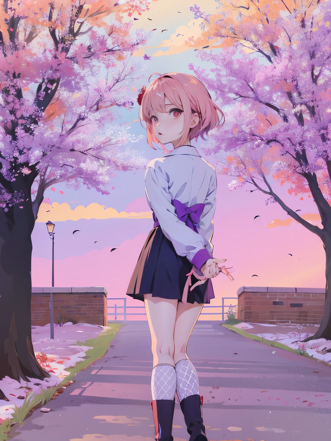 Garota de anime com saia curta e meias justas parada em um parque., retrato de corpo inteiro de um curta!, em estilo anime, en estilo anime, Temporadas!! : 🌸 ☀ 🍂 ❄, vibrações de anime, Fanart oficial, personagem de estilo anime, no estilo artístico do anime dos anos 80, Yandere. alto, inspirado por Rei Kamoi,  en vestido