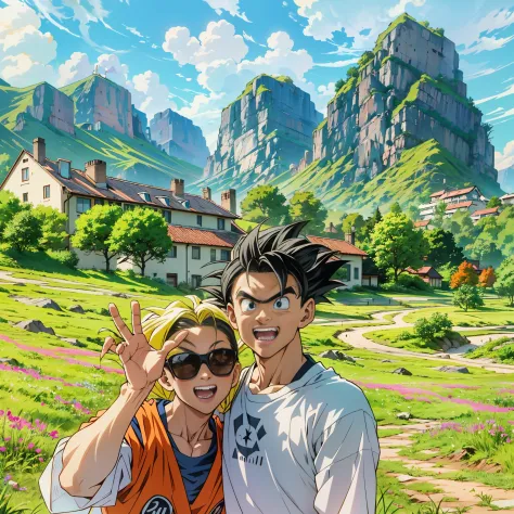 there are two people standing in a field with mountains in the background, super saiyan, yellow hair,super saiyan goku, super sa...
