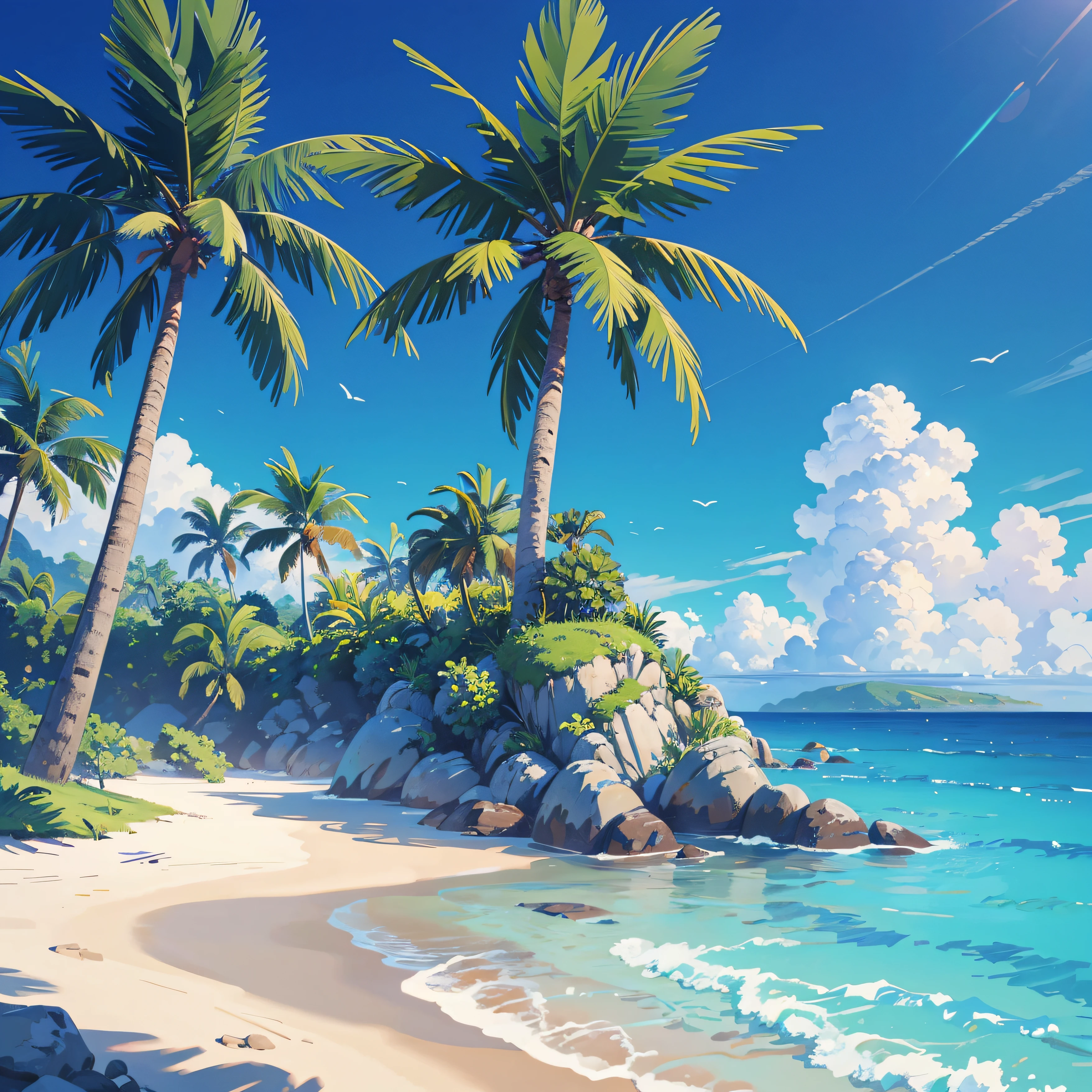 (illustrations : 1.0), Epic composition, photorealistic lighting, HD detail, ​masterpiece, Best quality at best, (Highly detailed CG integrated 8k wallpaper) , blue sky, blue ocean, The sea seen from the coastal forest, palm tree in the middle of the screen