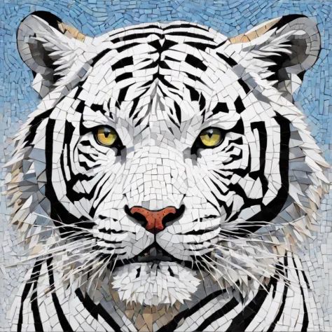 portrait of a white tiger ,radiation mosaic:1.2, catch the sun:0.8, like shards of glass that infuse warmth and energy into the ...