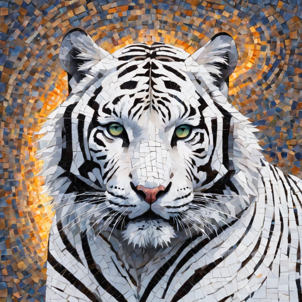 Portrait of a White tiger ,radiation mosaic:1.2, catch the sun:0.8, Like shards of glass that infuse warmth and energy into the space:0.4 Flash and dance.