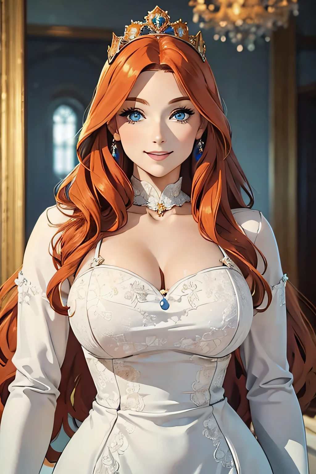 pretty face, woman, ginger long hair, blue eyes, curvy body, white dress, smiling, masterpiece, crown, golden details, princess, tall