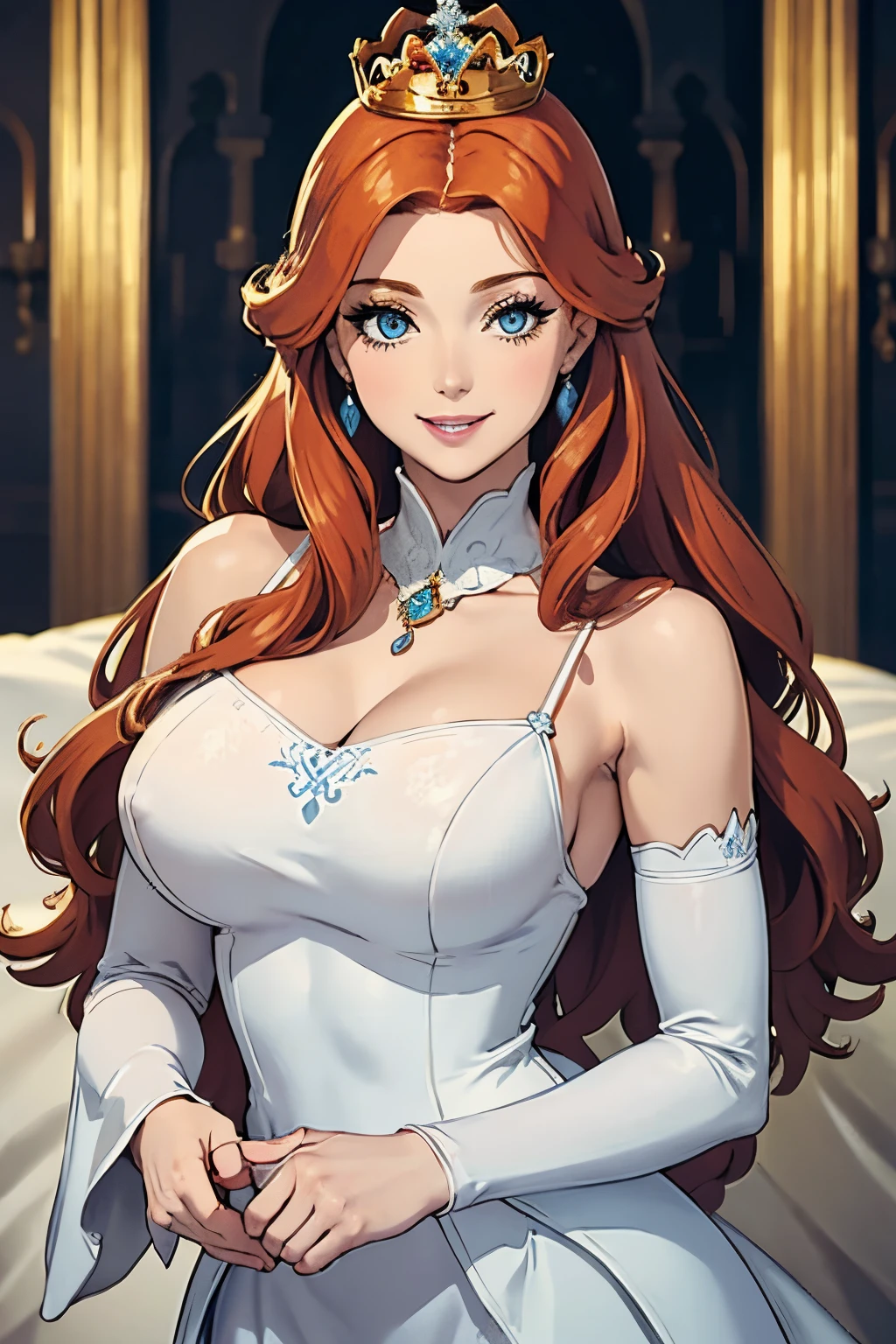 cara bonita, mulher, cabelo longo ruivo, olhos azuis, Corpo curvilíneo, vestido branco, sorridente, obra de arte, coroa, detalhes dourados, princess, alto