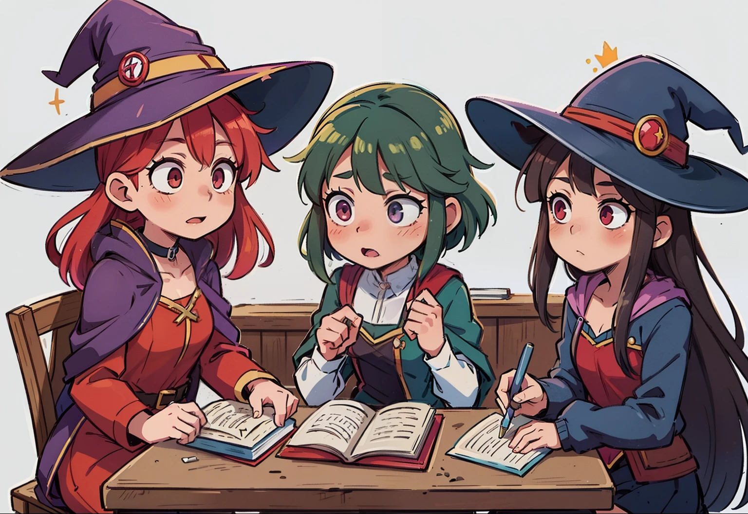 Three girls in witches hats sitting at a table with books - SeaArt AI