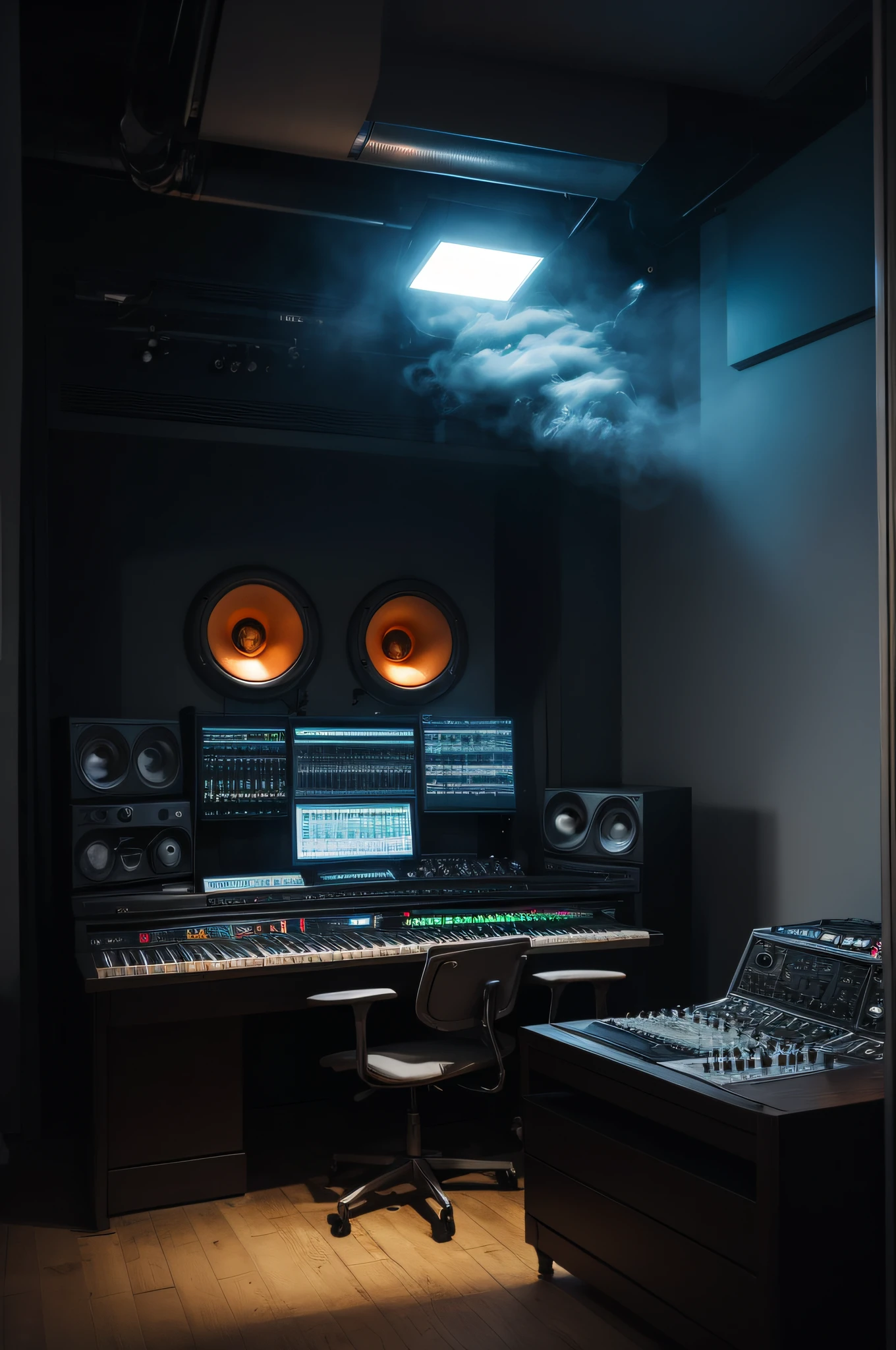 a music studio inside a room with smoke, and white and dark lights, smoke well highlighted