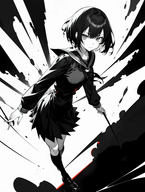 v5lcn style,ink art,(Best Quality,masutepiece:1.2),(black and white comic core:1.1),(extreme high contrast),Dark ink,1girl in,A dark-haired,Shadow on face、8K,resolution,High School Girl,Sailor Uniform,