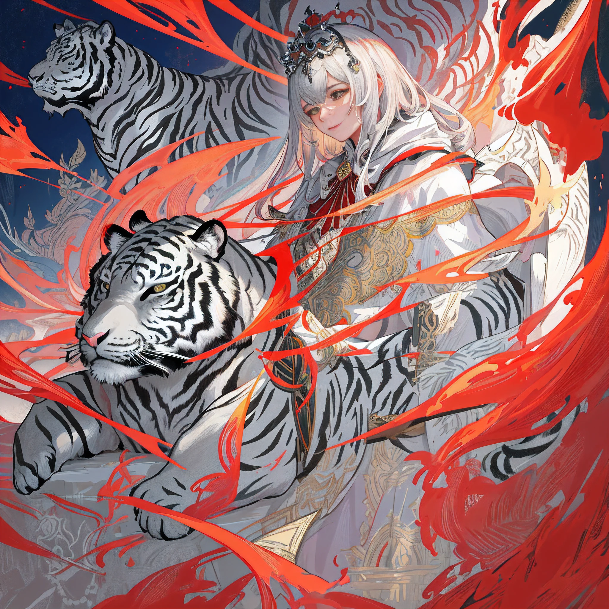 Trends on ArtStation, Trends on CGSociety, Intricate, High Detail, Sharp Focus, Dramatic, Realistic Art of Drawing by Midjourney and Greg Rutkowski, Sketch, Masterpiece, Best Quality, Very Detailed, white tiger in majestic clothes, crown, king, intricate dynamic background, depth of field, Fauvism