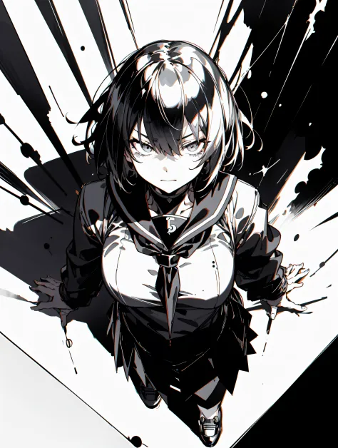 v5lcn style,ink art,(Best Quality,masutepiece:1.2),(black and white comic core:1.1),(extreme high contrast),Dark ink,1girl in,A dark-haired,Shadow on face、8K,resolution,High School Girl,Sailor school Uniform,