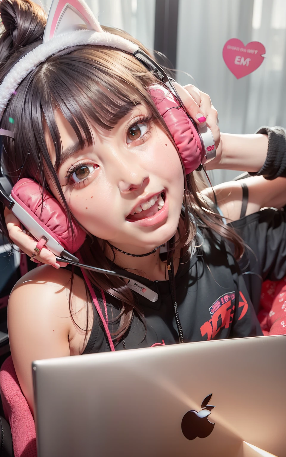 There is a girl with headphones on sitting in front of a laptop - SeaArt AI