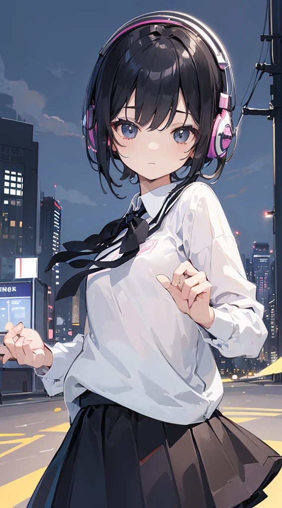 (Top quality illustrations:1.5)、(ultra-detailliert) 、(The background is the cityscape)、(Cute little girl s:1.0)、(女の子1人:1.0)、(Short black hair:1.0)、(School Uniforms:1.0)、(Waist to upper body:1.0)、17 age、Wearing headphones、D-cups、